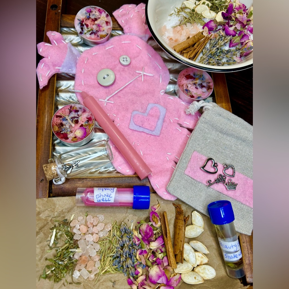 Pink Beauty Kit Poppet Spell Jar Bath Salt Candles Charm Bag Tea Lights